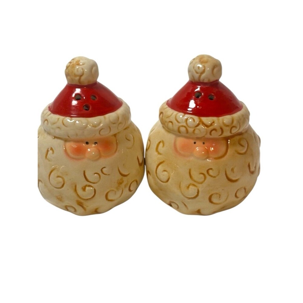 Festive Ceramic Santa Salt and Pepper Shakers Round Curly Swirl Beard Set of 2